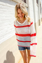Load image into Gallery viewer, Feeling Patriotic Red Stripe Star Print Crochet Netted Pullover
