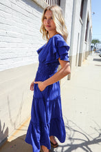 Load image into Gallery viewer, Lock Eyes Solid Blue Smocked Notched Neck Flutter Sleeve Maxi
