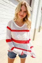 Load image into Gallery viewer, Feeling Patriotic Red Stripe Star Print Crochet Netted Pullover
