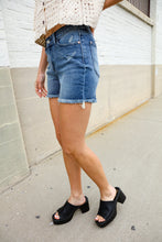 Load image into Gallery viewer, Judy Blue Medium Blue Mid Rise Fray Distressed Denim Shorts
