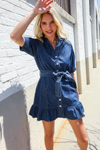 Load image into Gallery viewer, Put Together In Cotton Denim Button Down Belted Ruffle Mini Dress
