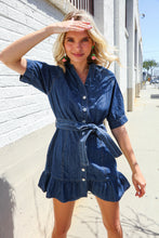 Load image into Gallery viewer, Put Together In Cotton Denim Button Down Belted Ruffle Mini Dress
