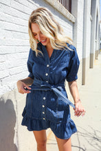 Load image into Gallery viewer, Put Together In Cotton Denim Button Down Belted Ruffle Mini Dress
