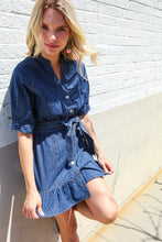 Load image into Gallery viewer, Put Together In Cotton Denim Button Down Belted Ruffle Mini Dress
