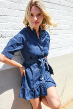 Load image into Gallery viewer, Put Together In Cotton Denim Button Down Belted Ruffle Mini Dress
