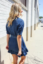 Load image into Gallery viewer, Put Together In Cotton Denim Button Down Belted Ruffle Mini Dress
