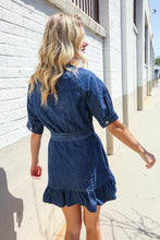 Load image into Gallery viewer, Put Together In Cotton Denim Button Down Belted Ruffle Mini Dress
