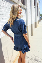 Load image into Gallery viewer, Put Together In Cotton Denim Button Down Belted Ruffle Mini Dress
