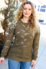 Load image into Gallery viewer, Casual Chic Olive Pointelle Lace Shoulder Knit Sweater
