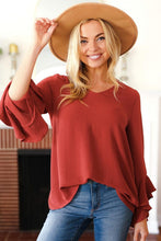 Load image into Gallery viewer, Falling In Love Rust Hi-Lo Ruffle Sleeve Woven Top
