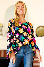 Load image into Gallery viewer, Be Bold Black Floral Hi-Lo Ruffle Sleeve Woven Top
