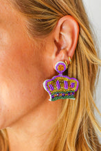 Load image into Gallery viewer, Mardi Gras Sequin &amp; Beaded Crown Dangle Earrings
