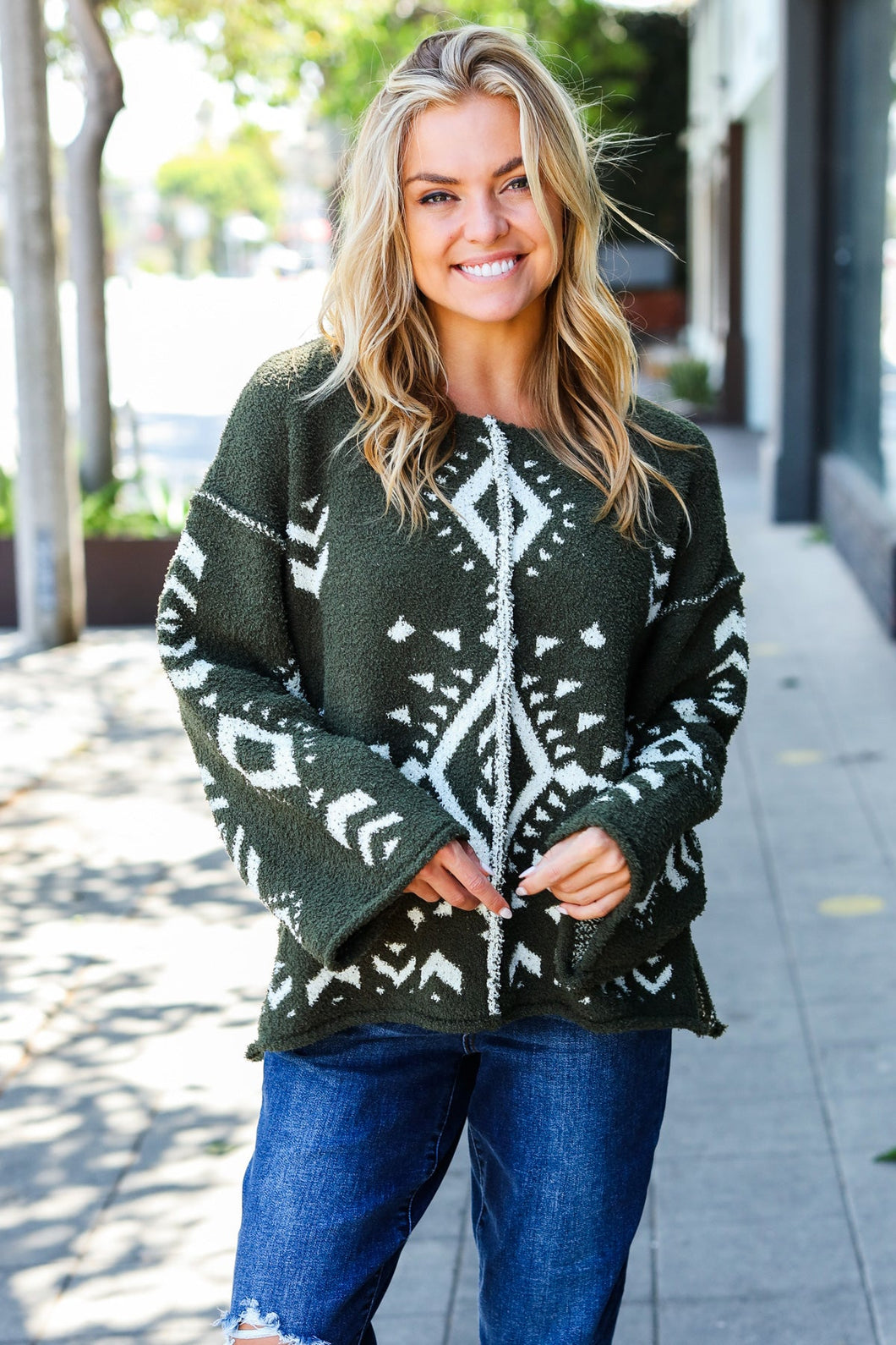 Holiday Vibes Olive Aztec Print Fuzzy Sweater