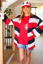 Load image into Gallery viewer, Simply Patriotic Red White &amp; Blue Striped Crochet Cardigan
