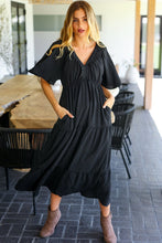 Load image into Gallery viewer, Talk Of The Town Black Elastic V Neck Tiered Maxi Dress
