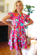 Load image into Gallery viewer, Look of Love Fuchsia Abstract Floral Print Smocked Ruffle Sleeve Dress
