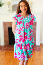 Load image into Gallery viewer, Diva Dreaming Aqua &amp; Fuchsia Floral Print Tiered Ruffle Sleeve Dress
