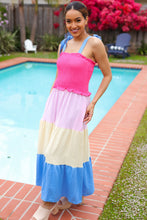 Load image into Gallery viewer, Vacay Vibes Hot Pink &amp; Blue Smocked Color Block Maxi Dress
