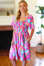 Load image into Gallery viewer, Vacay Vibes Fuchsia Floral Print Fit &amp; Flare Smocked Dress
