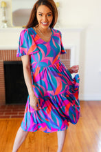 Load image into Gallery viewer, Remember Me Blue &amp; Fuchsia Geo Print V Neck Dress
