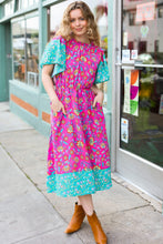 Load image into Gallery viewer, Charming Fuchsia &amp; Mint Floral Frill Mock Neck Flutter Sleeve Midi Dress
