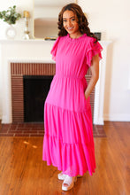 Load image into Gallery viewer, Perfectly You Hot Pink Mock Neck Tiered Chiffon Maxi Dress
