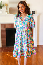 Load image into Gallery viewer, Can&#39;t Say No Mint &amp; Fuchsia Floral Notch Neck Bubble Sleeve Dress
