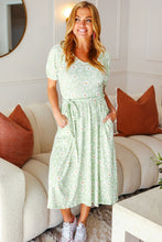 Load image into Gallery viewer, Sunny Days Sage Floral Print Fit &amp; Flare Sash Belt V Neck Dress
