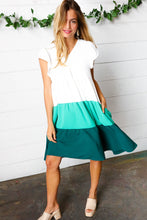 Load image into Gallery viewer, Seafoam &amp; Emerald Tiered Frill Sleeve Midi Dress
