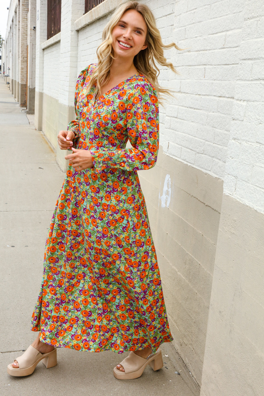 Dazzle in Silky Sage & Coral Floral V Neck Smock Ruffle Sleeve Maxi