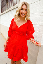 Load image into Gallery viewer, Love Found Red Crepe Sweetheart Wrap Yoke Puff Sleeve Lined Dress
