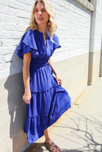 Load image into Gallery viewer, Lock Eyes Solid Blue Smocked Notched Neck Flutter Sleeve Maxi
