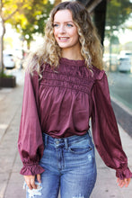 Load image into Gallery viewer, Be Your Best Wine Satin Shirred Yoke Frilled Mock Neck Top
