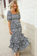 Load image into Gallery viewer, Look My Way Black/White Abstract Print Smocked Neck Maxi Dress
