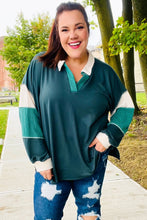 Load image into Gallery viewer, Falling For You Hunter Green Color Block Collared French Terry Top
