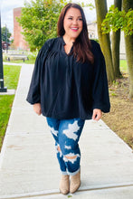 Load image into Gallery viewer, Boho Vibes Black Notched Neck Smocked Bubble Sleeve Top
