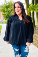 Load image into Gallery viewer, Boho Vibes Black Notched Neck Smocked Bubble Sleeve Top
