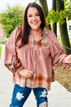 Load image into Gallery viewer, Under Your Spell Rust Plaid Color Block Notch Neck Top
