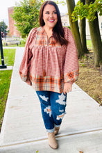 Load image into Gallery viewer, Under Your Spell Rust Plaid Color Block Notch Neck Top
