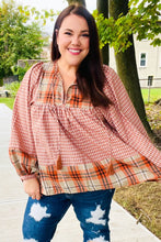 Load image into Gallery viewer, Under Your Spell Rust Plaid Color Block Notch Neck Top
