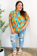 Load image into Gallery viewer, Vacay Ready Blue &amp; Orange Floral Frill Mock Neck Top
