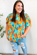 Load image into Gallery viewer, Vacay Ready Blue &amp; Orange Floral Frill Mock Neck Top
