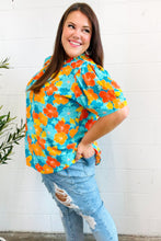 Load image into Gallery viewer, Vacay Ready Blue &amp; Orange Floral Frill Mock Neck Top
