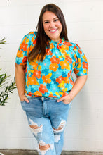 Load image into Gallery viewer, Vacay Ready Blue &amp; Orange Floral Frill Mock Neck Top
