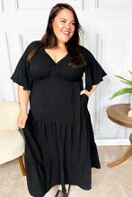 Load image into Gallery viewer, Talk Of The Town Black Elastic V Neck Tiered Maxi Dress
