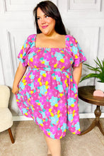 Load image into Gallery viewer, Vacay Vibes Fuchsia Floral Print Fit &amp; Flare Smocked Dress
