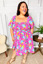 Load image into Gallery viewer, Vacay Vibes Fuchsia Floral Print Fit &amp; Flare Smocked Dress
