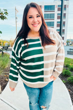 Load image into Gallery viewer, Hunter Green &amp; Taupe Striped Color Block Sweater
