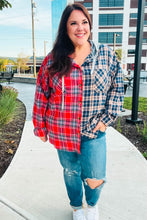 Load image into Gallery viewer, Main Attraction Red &amp; Navy Plaid Color Block Button Down Hoodie
