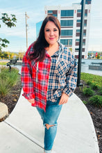 Load image into Gallery viewer, Main Attraction Red &amp; Navy Plaid Color Block Button Down Hoodie
